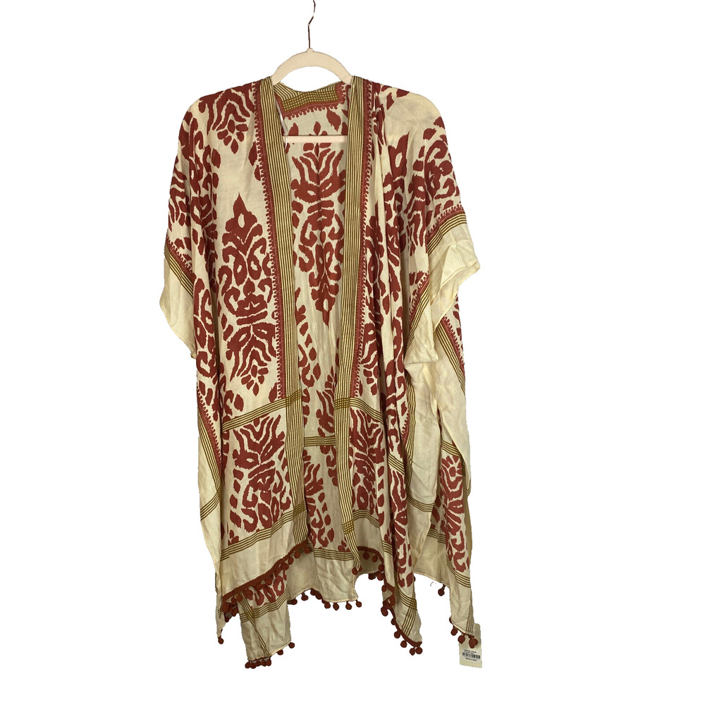 NWT Comfyluxe Open Front Long Kimono Sleeve Cape Cover-up OS Burnt Orange Cream